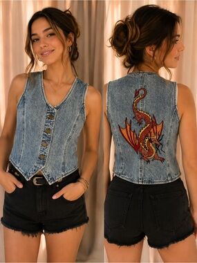 Dragon-Embroidered Light Wash Denim Vest - Blue